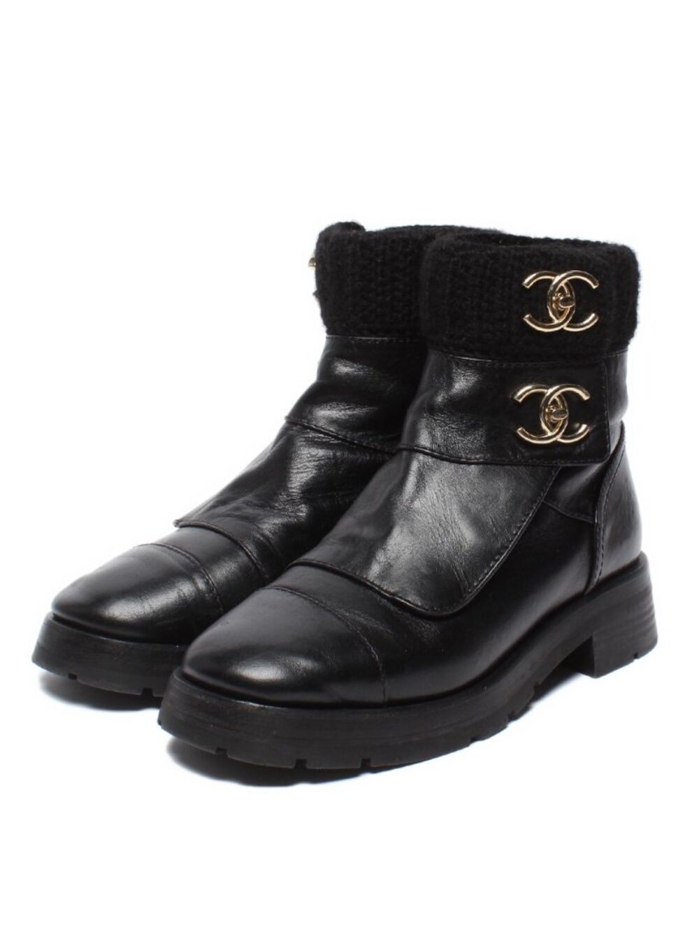 Chanel Turnlock CC Logo Leather Knit Short Boots